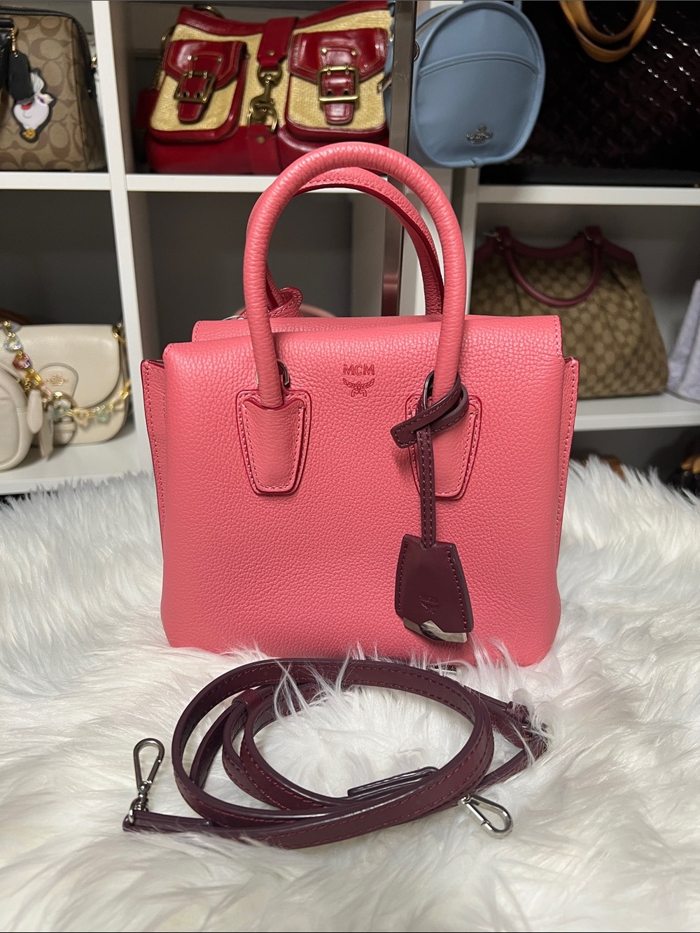 MCM Coral Pink Leather Top-Handle Satchel with Burgundy Tag - Picture 10 of 10